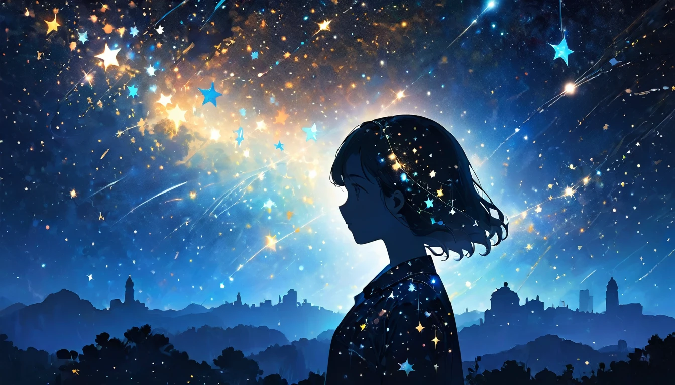 "A young person's silhouette filled with a cosmic landscape, stars, and constellations, representing the pursuit of knowledge and infinite exploration"