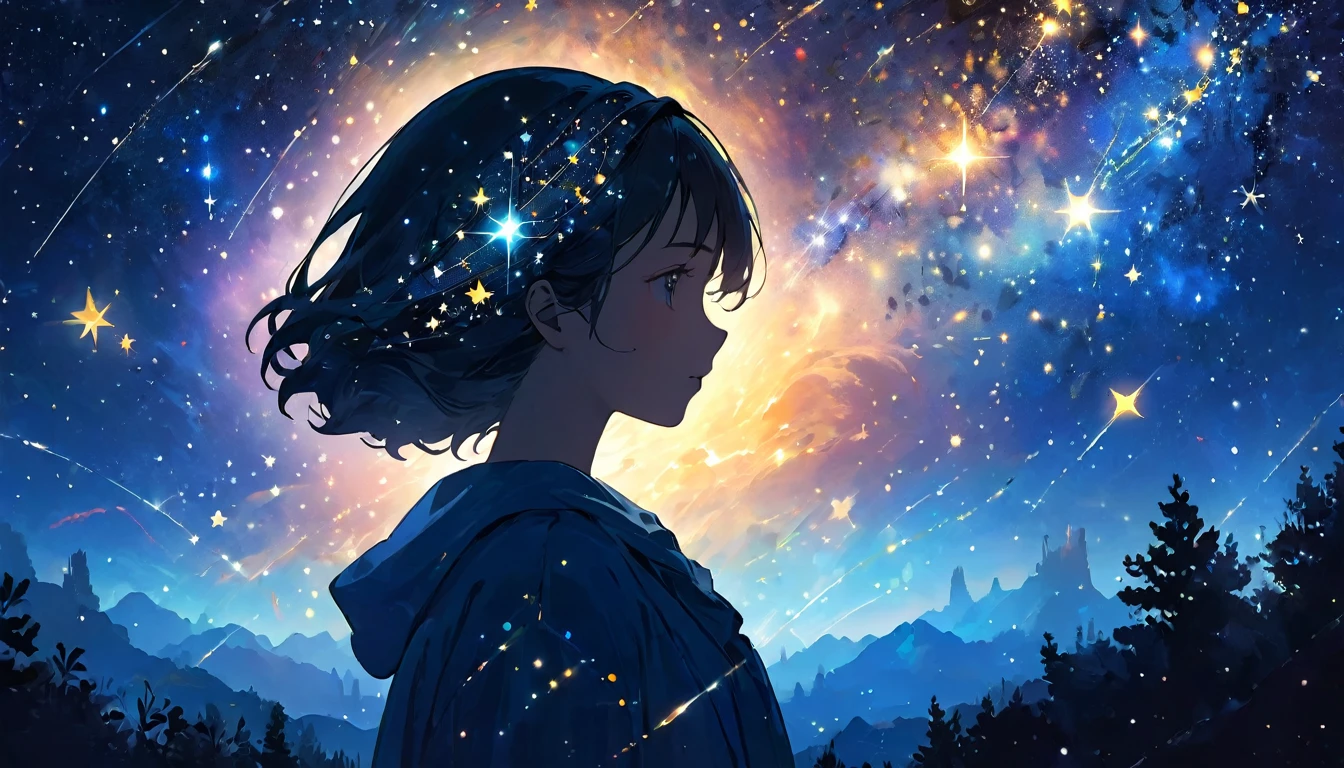 "A young person's silhouette filled with a cosmic landscape, stars, and constellations, representing the pursuit of knowledge and infinite exploration"