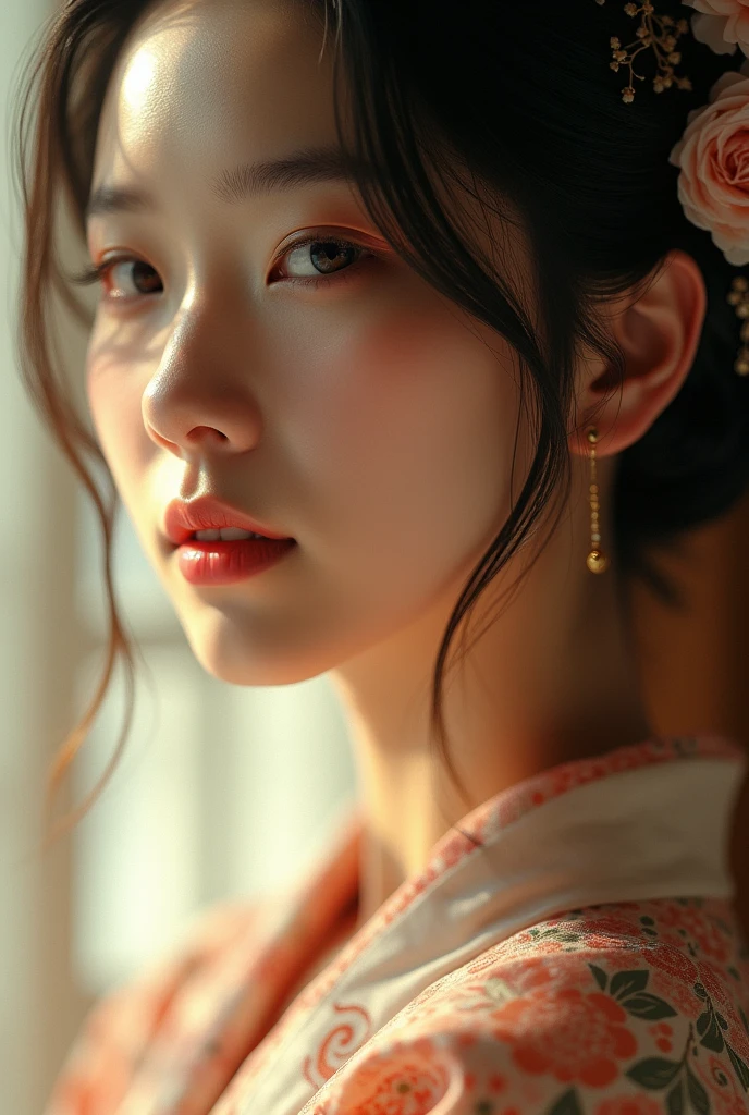 An elegantly dressed Japanese woman in natural light、A close-up of her chest and calm expression.、It shows her inner peace and outer charm.。