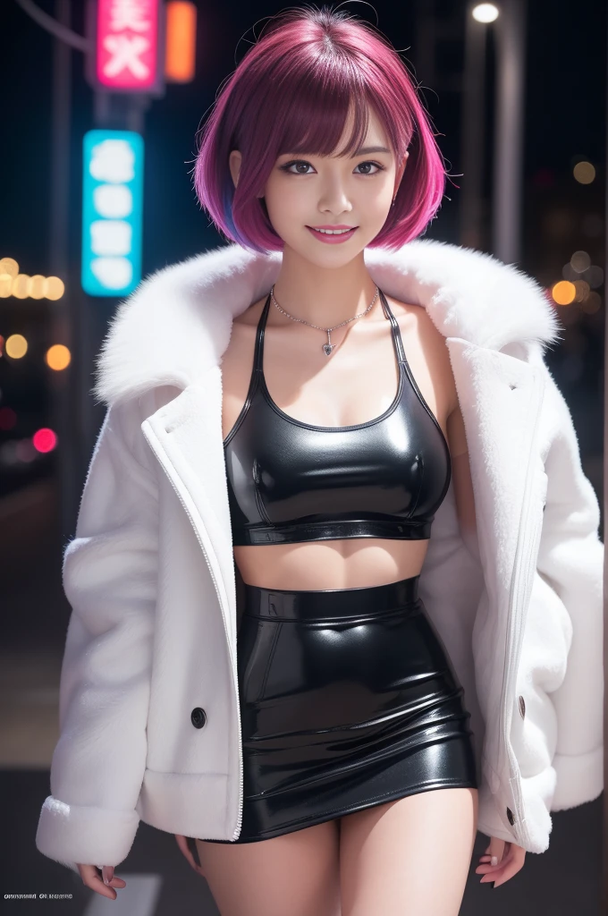 nsfw、sexy female idol、nude lip gloss、smiling face、smoky eyshadow、dramatic lashes、full body Esbian、shiny very large necklace（neon fuchsia)、naked small breasts、shiny glossy latex tight mini skirt（neon fuchsia)、multicolor short hair（neon fuchsia)、long white fluffy fur coat with white fluffy fur（bright white)、conceptual art, High quality, Realistic, extremely detailed CG unified 8k wallpaper, highly detailed, High-definition raw color photos, professional photography, Realistic portrait, Cinematic Light, Beautiful detailed, Super Detail, high details, (((Bokeh))), depth of fields, illumination, Neon Street, Super stylish lighting