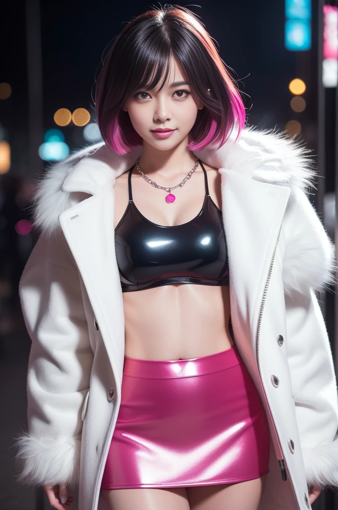 nsfw、female idol、lipgloss、big smile、full body Esbian、((naked medium breasts))、shiny very large earrings（neon pink)、shiny very large necklace（neon pink)、sheer glossy latex tight mini skirt（neon pink)、clutch（neon pink)、short hair (neon pink)、long white coat with white fluffy fur (bright white)、conceptual art, High quality, Realistic, extremely detailed CG unified 8k wallpaper, highly detailed, High-definition raw color photos, professional photography, Realistic portrait, Cinematic Light, Beautiful detailed, Super Detail, high details, (((Bokeh))), depth of fields, illumination, Neon Street, Super stylish lighting