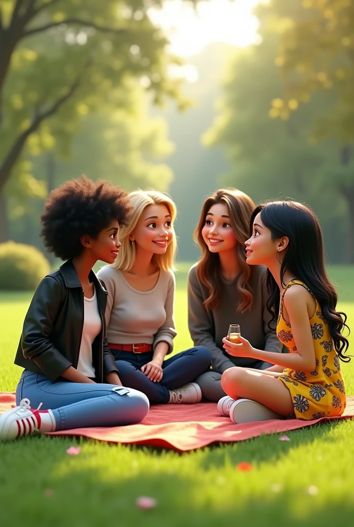 Create a 3D image, Four female friends at a picnic, sitting on the grass, One wearing blue jeans, white Adidas shoes with red, White shirt with black leather jacket and red belt, black curly hair, Brown eyes , another wearing a black sweater, Brown eyes, 4 girlfriends, blonde short hair, and pink shoes, another wearing a gray sweater and dark gray pants, long wavy brown hair, with white shoes, and another with long wavy black hair, con un vestida floral amarillo y negro corto olgado y Brown eyes
