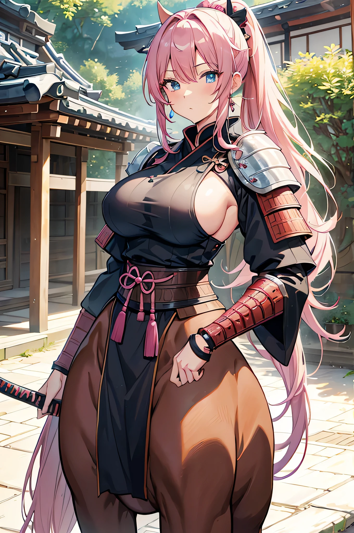 4K,High resolution,One Woman,centaur,Pink Hair,Long Ponytail,Blue eyes,Big Breasts,Brown fur,Samurai,白色のSamuraiの鎧,Sideboob,Full Armor,White gloves,hair band,Jewelry decoration,Japanese sword,Medieval town