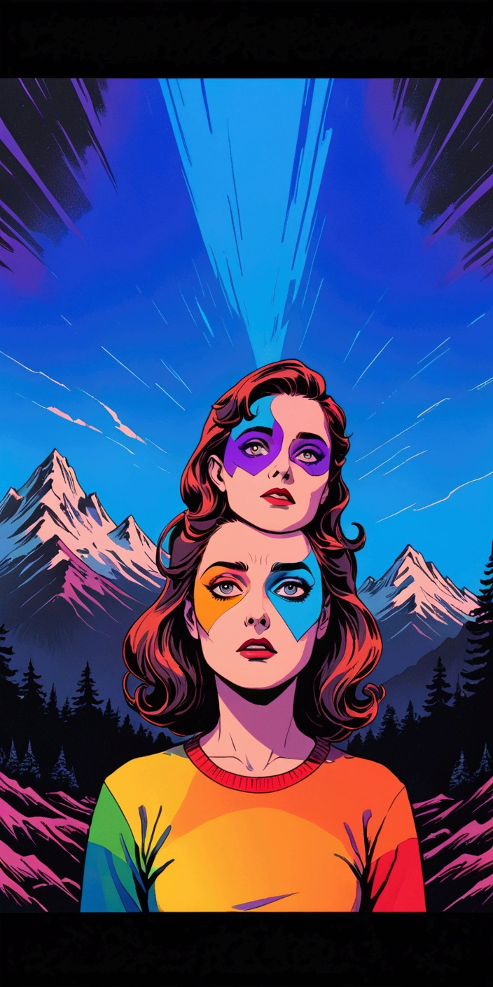 Twin Peaks, Shelley, unseen overwhelming maximal sorrow, VHS, glitch, distorted, nostalgia, 90's retro vibes, analog tape, vcr aesthetics, tv, television, hand drawn, (full roygbiv color) ink charcoal expressive illustration, no light source, darkness, light mask uv rays across face,