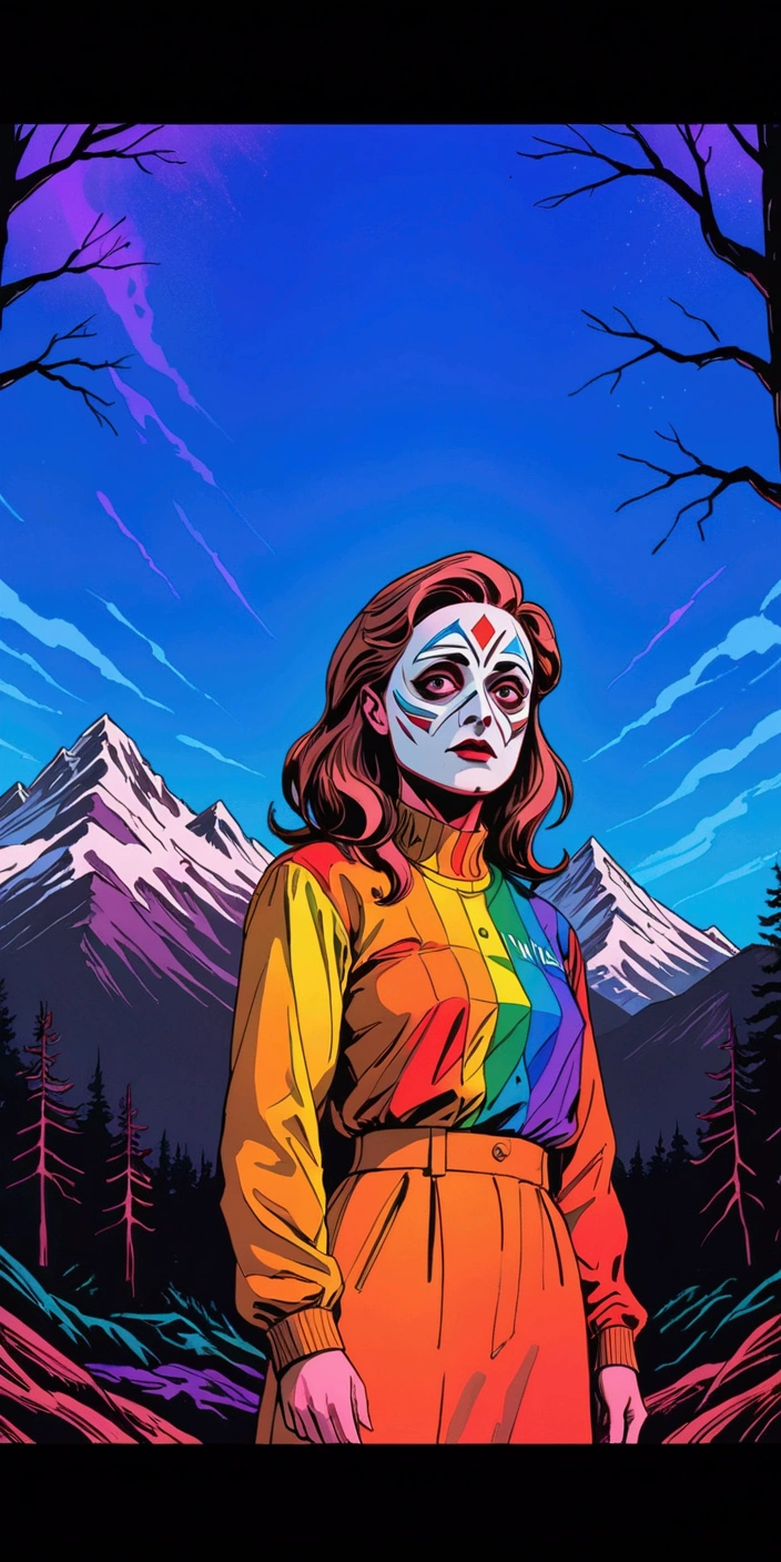 Twin Peaks, Shelley, unseen overwhelming maximal sorrow, VHS, glitch, distorted, nostalgia, 90's retro vibes, analog tape, vcr aesthetics, tv, television, hand drawn, (full roygbiv color) ink charcoal expressive illustration, no light source, darkness, light mask uv rays across face, 
