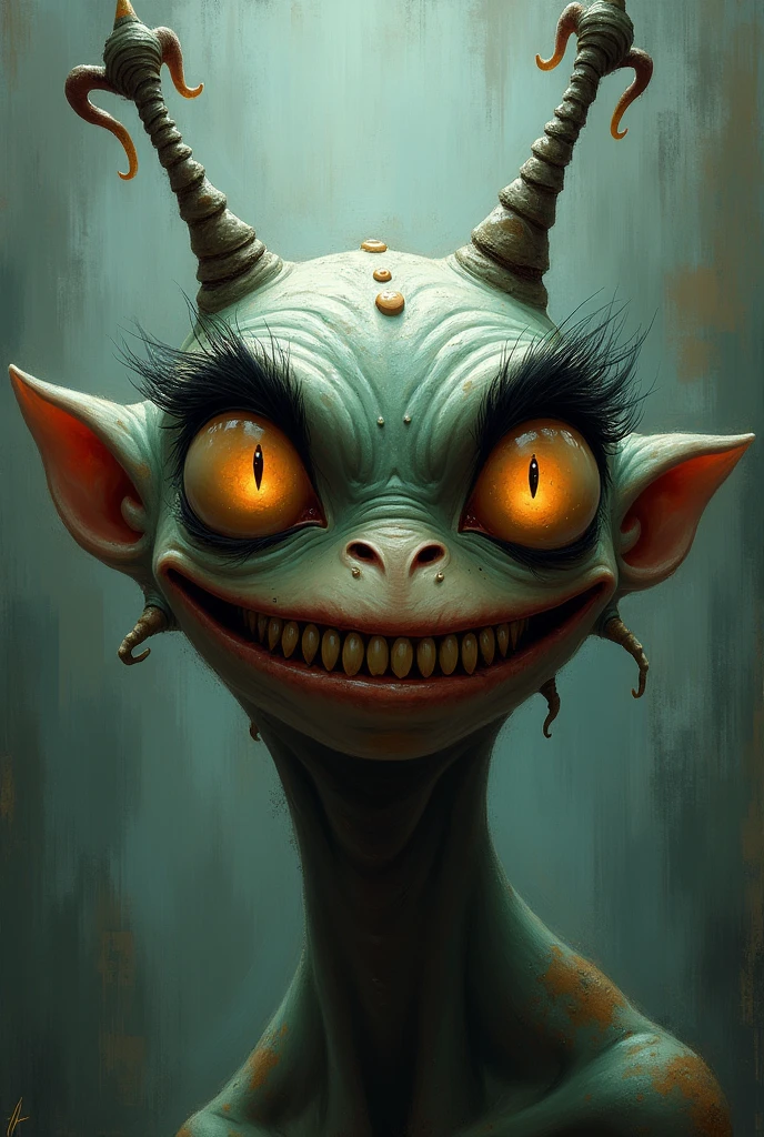 Create a painting of a monster with big eyes,, bushy eyebrows, 5 small, sharp teeth, and antennas on its forehead