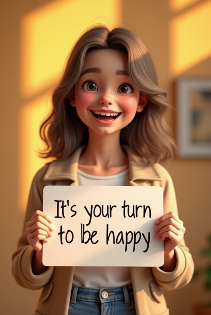 Create an image of a happy person by highlighting the smile with the background blurred and holding a small sign with the words " It&#39;s your turn to be happy"