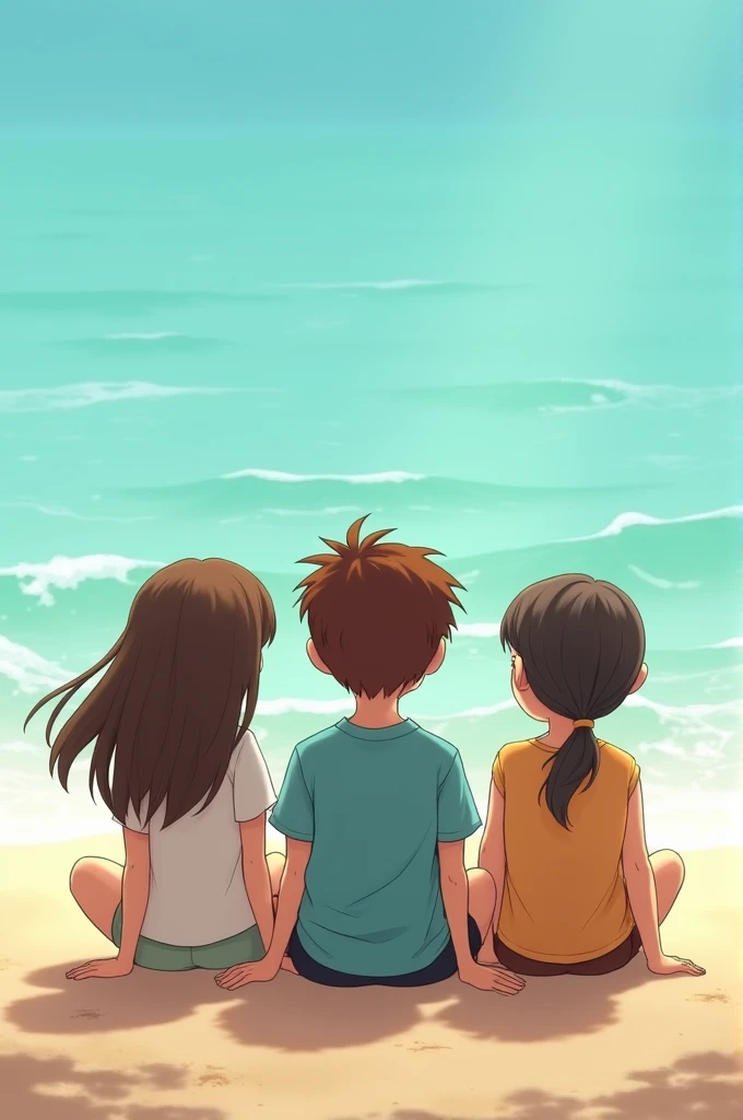 3 friends sitting on the beach overlooking the clear sea. In the middle sits a boy with brown hair. A girl with brown hair sits to his left. But on the right sits a girl with slightly dark blonde hair. The 3 friends are best seen from behind. All 3 friends are .