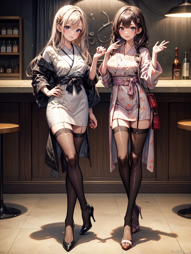 (masterpiece, best quality, highest quality, Masterpiece, 8k:1.5),((Full Body Shot,Including face)), 1girl, ((Focus on the face,Symmetrical facial features)), Beautiful woman, (slender),((High heels,Patterned stockings with straps)), Detailed depiction of the face, Cafe clerk , bar counter, profile, Yukata, slenderな女性, Medium Long, Vertical Roll,