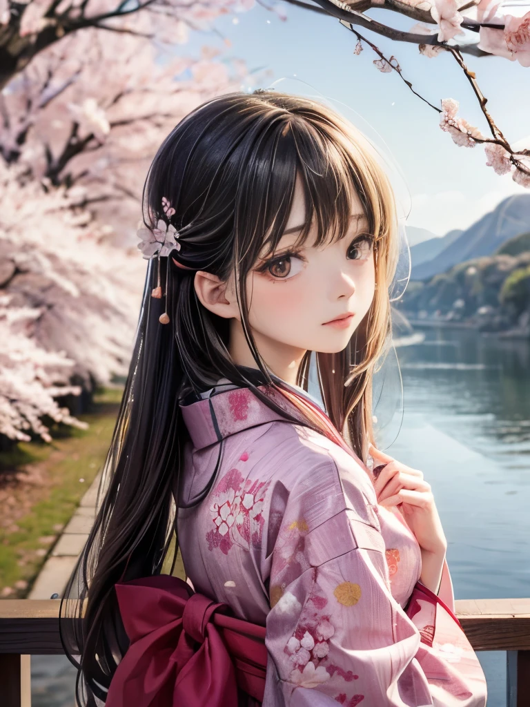 One person, Upper Body, Expressionless, kimono, Long Hair, alone, cherry blossoms, View your viewers,