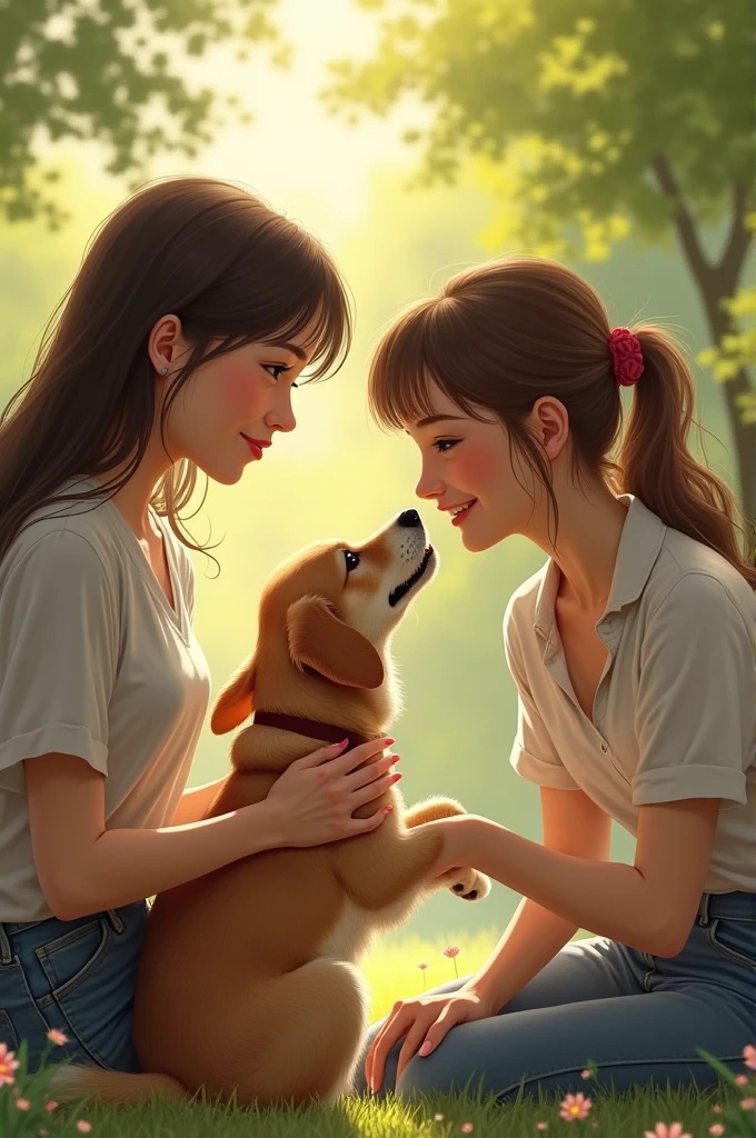 A woman is looking at another woman who is playing with a dog, with love in her eyes.
