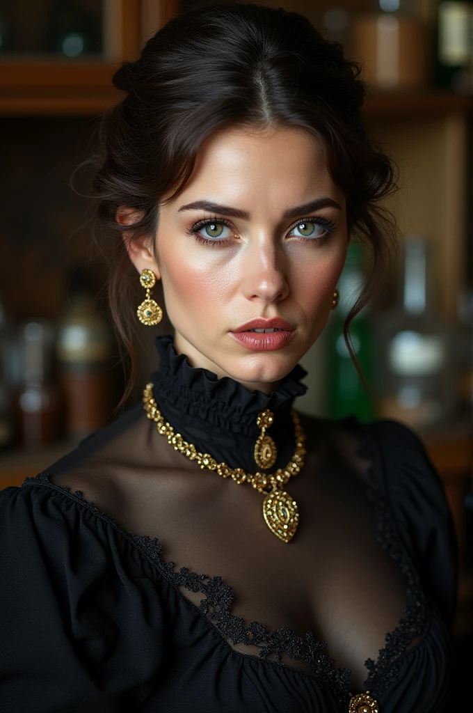 Victorian woman, middle-aged woman, green eyes,  dark brown hair, hair tied up in a bun, low hair bun, gold jewellery, lots of jewellery, eyebags, tired face, heart-shaped face, full lips, black victorian dress, turtleneck dress, rich dress, alchemy laboratory 