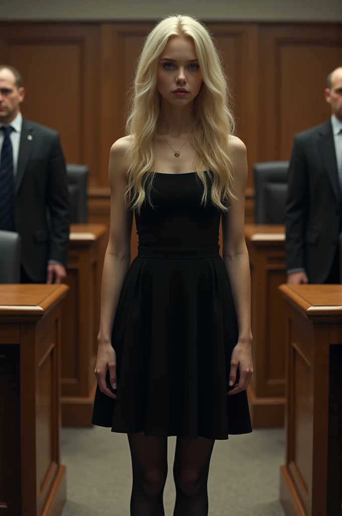 A blonde long-haired blue-eyed age girl in a simple black dress and black sheer stockings stands as a defendant in court.