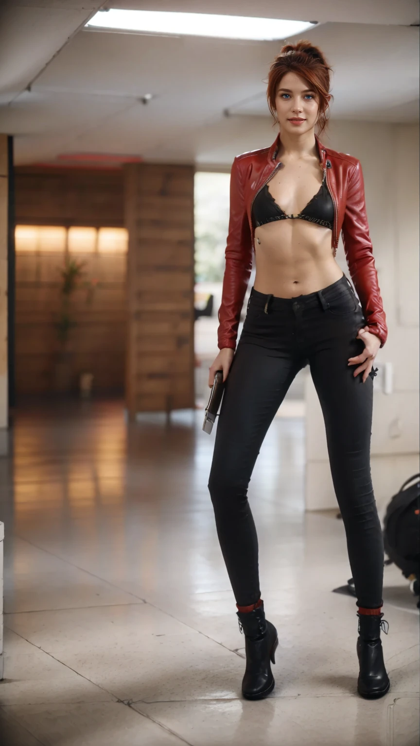 ((Courtney Hope)), red hair, asymmetrical hair, short ponytail, wavy hair, sidelocks, low ponytail, Slim but lightly toned build, medium bust, (strong glutes), crooked GRIN, BREAK: Fitted Black motorcycle/bomber jacket 1/4 cropped, (tight, red micro bikini top under jacket), Skin tight black jeans, matte black leather motorcycle boots, BREAK: 1girl, solo, wide shot, she floats above the ground, posing with arms down palms towards ground as she floats, BREAK: UHD, 16k, best quality, anatomically correct, accurate face, masterpiece, (full body portrait), BREAK: set in a dishevelled brutalist office interior with white brutalist architecture and white walls