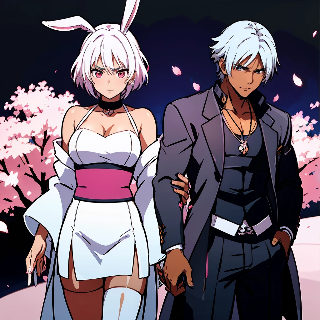(1boy and 1girl, masterpiece, 16k ultra-fine quality) A Dark skinned young anime man, side swept silver hair, fiery light blue eyes, holding a blue flame in the palm of his hand, wearing a blue combat trench coat over a black tank top with black slacks and a chain on the hip, steel necklace with a blue dragon pendant around his neck, with sleeves rolled up to his elbows, posing with a cheerful Dark skinned anime girl with long white rabbit ears, cherry blossoms petals  surrounding her, wearing a pink kimono with Sakura flowers printed on it, white fishnet stockings, snow white hair fading to neon pink. gorgeous tan skin, heterochromia with a pink left eye and a blue right eye. Sakura petal tattoos on her cheeks. beautiful sexy anime pose, inspired by Bian Shoumin, official illustration, shigenori soejima illustration, anime portrait of a beautiful girl, heterochromatic eyes, official art, official character illustration, sexy anime girl with mixed white and neon pink short hair, cute girl with bunny ears, official character art, highly detailed exquisite fan art, couple pose