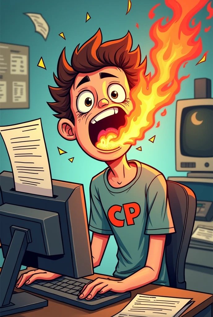 Spicy programmer cartoon where the programmer has fire coming out of his mouth or the printer, he ate something spicy, the programmer is wearing a shirt with the initials CP