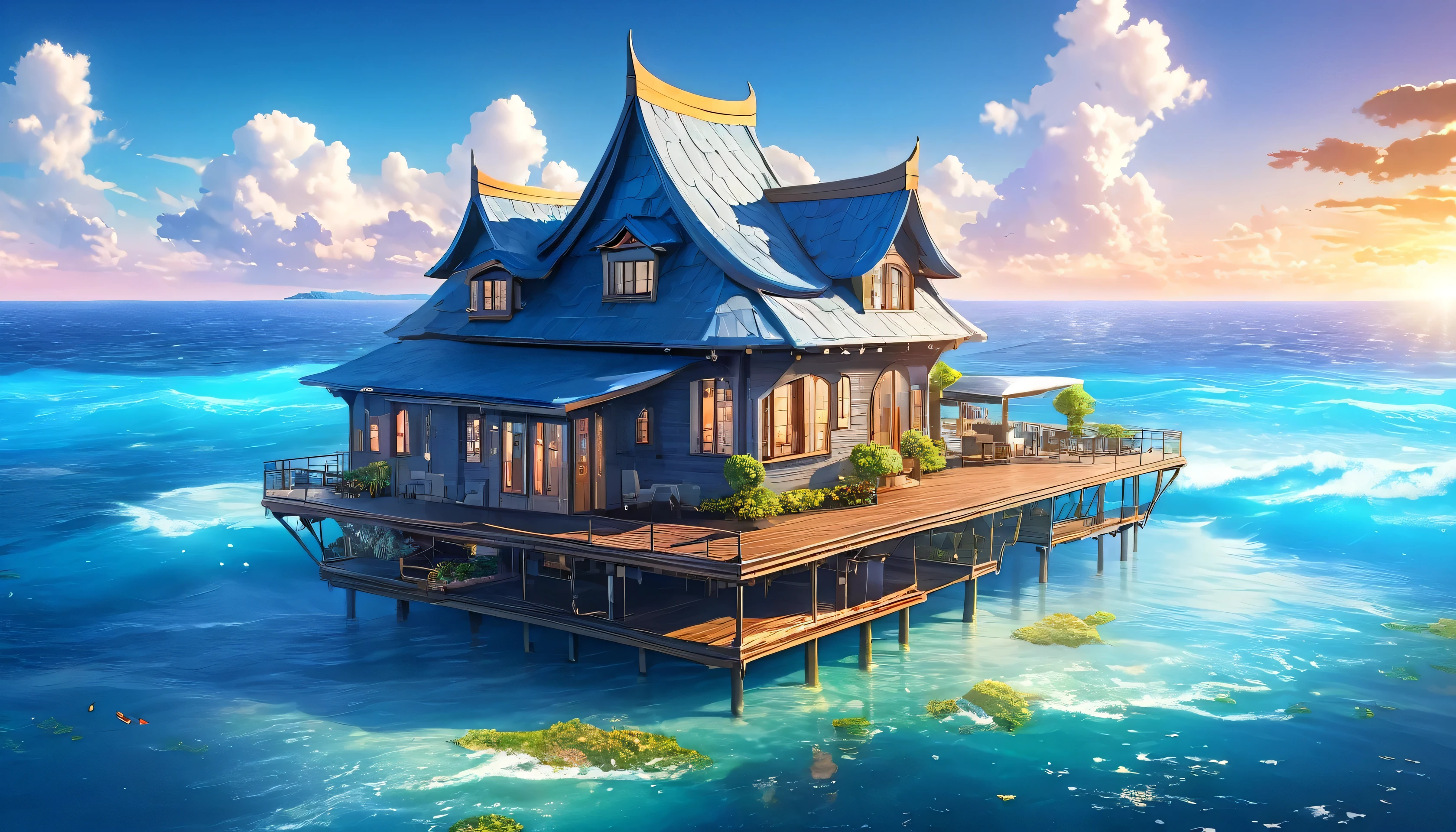 Water houses, A house floating on the sea, , A house built on a large raft in the sea, A magnificent and beautiful fairytale house floating on the blue ocean waves, Beautiful scenery around, Sunset, , high quality, high resolution, master'work, masterpiece, Clear, 32K, Comic Style, Pixar
