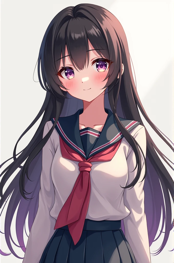 Generate a female anime character with long black,brown stright hairs and verd dark and deep dark purple eye colour wearing japanese uniform
(Full body & smiling face)