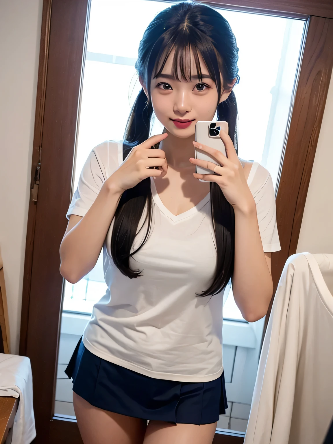one person、one personで、 Red tie、White shirt、Navy blue mini skirt、Putting on lipstick in front of the mirror、17-year-old high school girl、victory、Tsundere、smile、Saucy、Blue Hair、Twin tails、small、Slim girl model photo、body:Female Model、Japanese female fashion model、(8K、Raw photo、Best image quality、masterpiece:1.2)、(Genuine、photoGenuineistic:1.37)、Ultra-high resolution、Ultra-high resolution、Standing position、whole body、((((sexy)))、In town、形の良いsmall胸