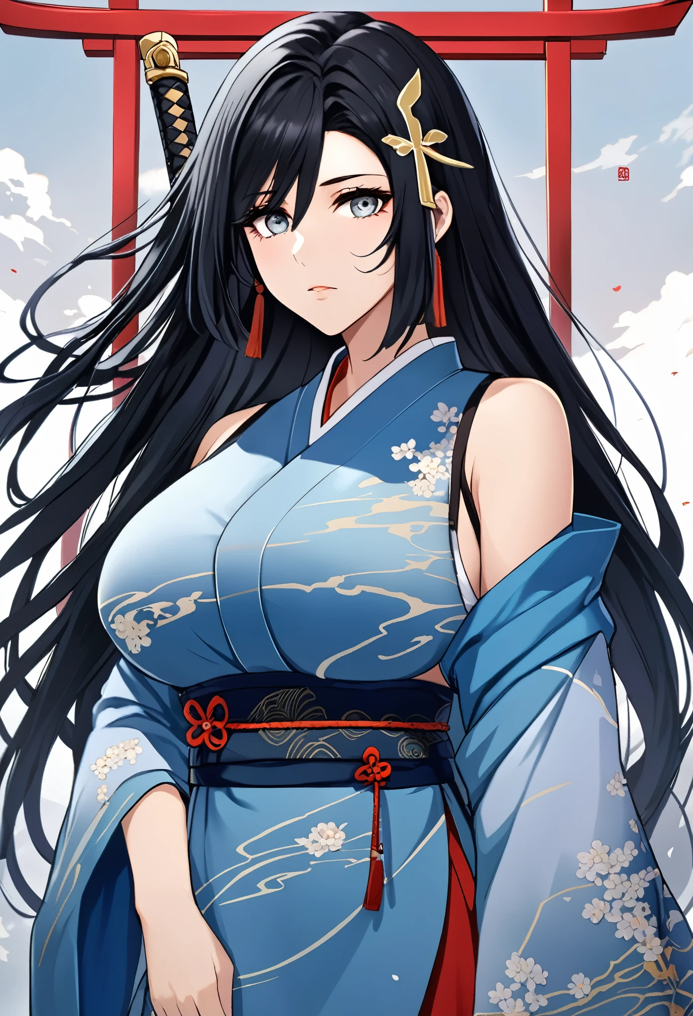 ｛One woman, 25 years old｝｛Swordsman｝｛Black Hair、Long Hair｝｛Cross bangs｝｛Big Breasts｝｛Grey Eyes、Slanted Eyes｝｛Blue kimono｝｛Expressionless｝｛Squint your eyes｝｛stand｝