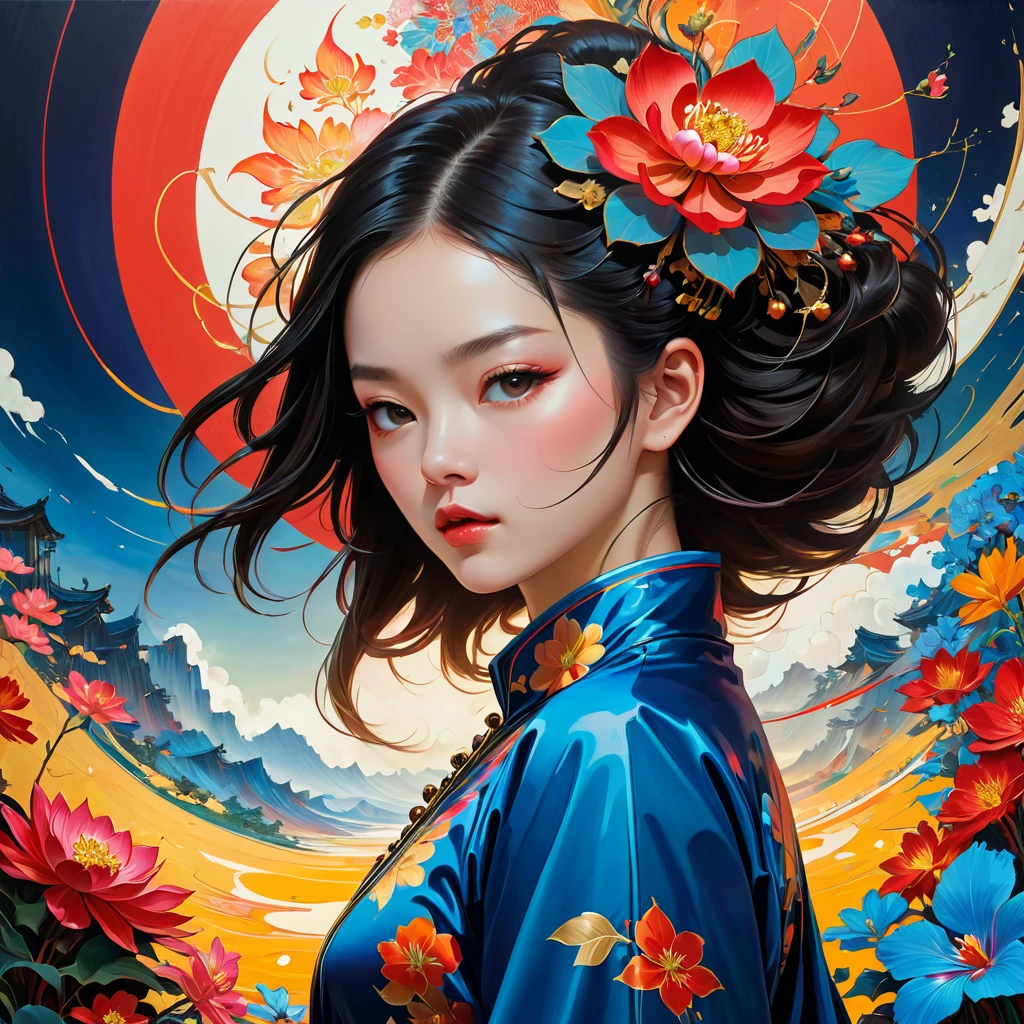 offcial art, unity wallpaper 8k, ultra detaild, Beautiful and aesthetically pleasing, work of art, best qualityer, chinese style, (zento confuse, mandala, to confuse, ento confuse), Flower Ecstasy, 1 girl, extremely detaild, dynamic angle, cowboy shot, most beautiful form of chaos, chic, Brutalist designed, shiny colors, Romanticism, james jean, Robbie Dwi Antono, ross tran, francis bacon, Michael Mraz, Adriano Jenny, Petra Cortright, gerhard richter, takato yamamoto, ashley wood, atmospheric