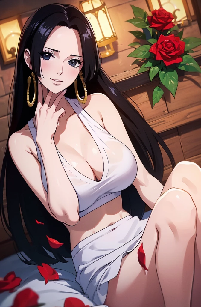 best quality, Masterpiece, Highly detailed,1 girl, ((rose)), (vine), cage, bandage, Red Rope, (detailed lighting), falling rose petals, Boa Hancock, (no:1.5), (Masterpiece:1.5), Detailed photos, smile, sexy, (8K, realistic, best quality: 1.4), (1 girl), beautiful Face, (realistic anime face), (black hair, long hair: 1.3), beautiful Hairstyle, realistic eyes, ดวงตาที่มีรายละเอียดbeautifulงาม, (white skin), ผิวbeautiful, nonsense, charming, Ultra high resolution, ultra realistic, high definition, golden ratio, (sexual arousal:1.5), Pinkish white skin, cool white light, ท่าsexy, beautiful , white background, cool white lightสีชมพู, Wear a white tank top.