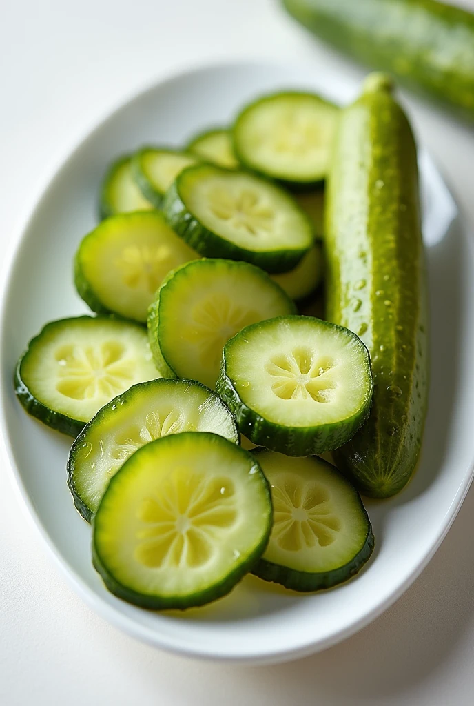 Pickles on a stylish white plate。
Write down both the sliced and non-sliced parts.。