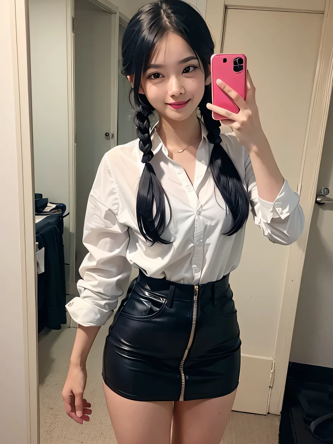 one person、one personで、 Red tie、White shirt、Navy blue mini skirt、Putting on lipstick in front of the mirror、17-year-old high school girl、victory、Tsundere、smile、Saucy、Blue Hair、Twin tails、small、Slim girl model photo、body:Female Model、Japanese female fashion model、(8K、Raw photo、Best image quality、masterpiece:1.2)、(Genuine、photoGenuineistic:1.37)、Ultra-high resolution、Ultra-high resolution、Standing position、whole body、((((sexy)))、In town、形の良いsmall胸