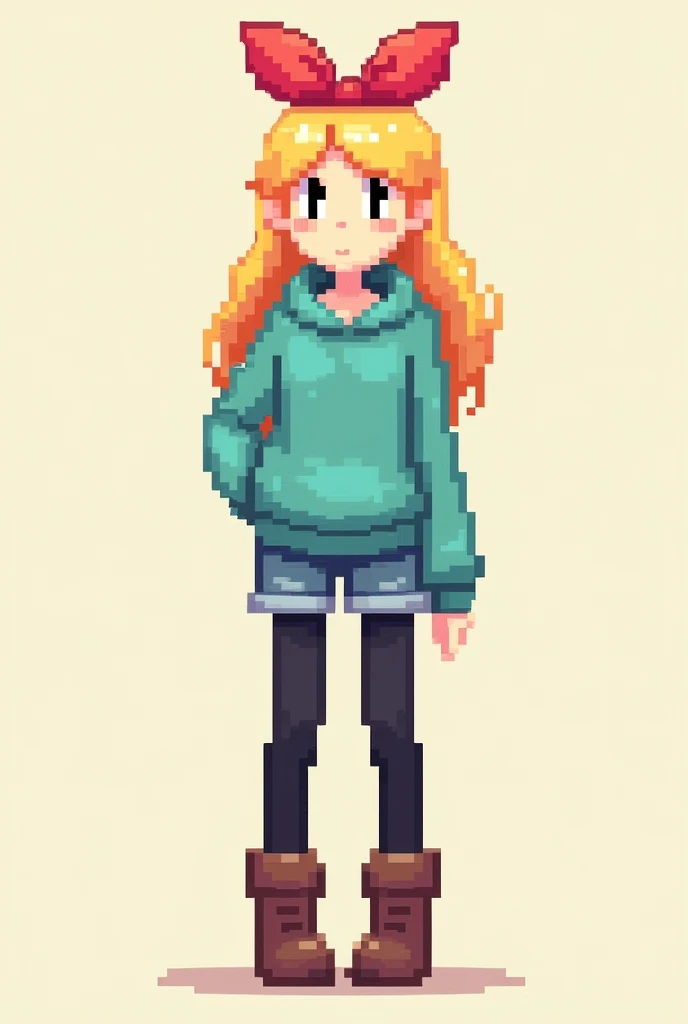 Create a  with a red ribbon in her hair in the shape of a bow, blonde, long hair, cyan sweater, denim shorts, Black tights on her legs and brown boots, all this with a pixelated style like a video game like Undertale 