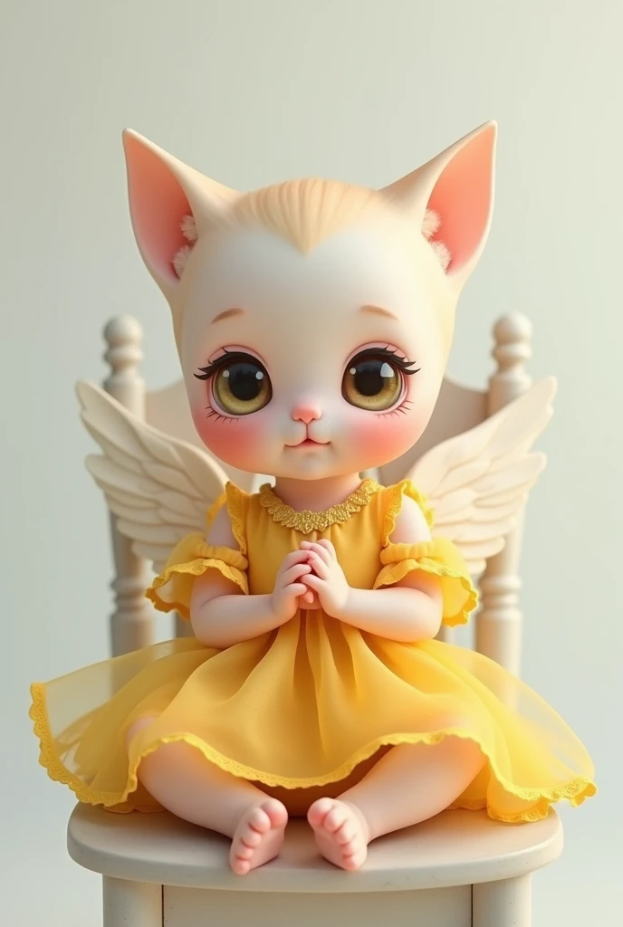 Famale baby background colour white female baby setting on chair look front baby frock colour yellow
Baby ear like cats 
