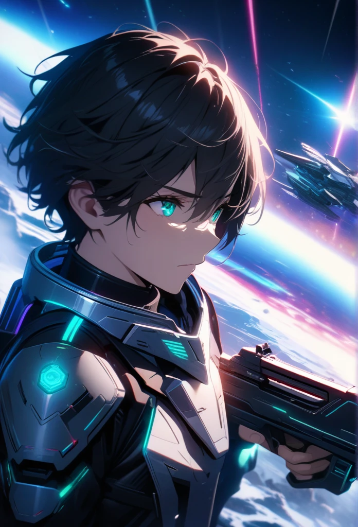 Masterpiece, Best Quality, Super Detailed, High Definition, Expensive Resolution, HDR, Super Detailed CG, Beautiful Details, Depth, Fine Texture, Super Fine, Complete concentration, male Space Force, Handsome man, short hair, black hair, emerald eyes, silver neon armor, (holding a laser gun), Cold face and eyes, futuristic, ethereal atmosphere, glowing planets, war, magical glow, intricate details, volumetric lighting, iridescent colors, glowing lighting, atmospheric lighting, lens flare, Cinematic light, colorful light, particles, black and white colors schemes, sci-fi space battle, Space War, spcrft, spaceship in background, 
