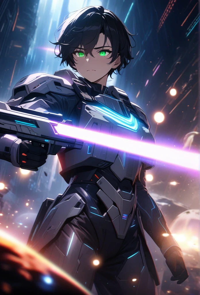 Masterpiece, Best Quality, Super Detailed, High Definition, Expensive Resolution, HDR, Super Detailed CG, Beautiful Details, Depth, Fine Texture, Super Fine, Complete concentration, male Space Force, Handsome man, short hair, black hair, emerald eyes, silver neon armor, (holding a laser gun), Cold face and eyes, futuristic, ethereal atmosphere, glowing planets, war, magical glow, intricate details, volumetric lighting, iridescent colors, glowing lighting, atmospheric lighting, lens flare, Cinematic light, colorful light, particles, black and white colors schemes, sci-fi space battle, Space War, spcrft, spaceship in background, 