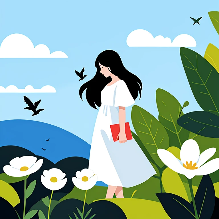 Minimalism,shadow flat vector art,masterpiece,best quality,art by Rami Niemi,1girl, 1boy, plant, long hair, bird, dress, wide shot, white dress, cloud, flower, black hair, leaf, profile, sky, outdoors, white flower