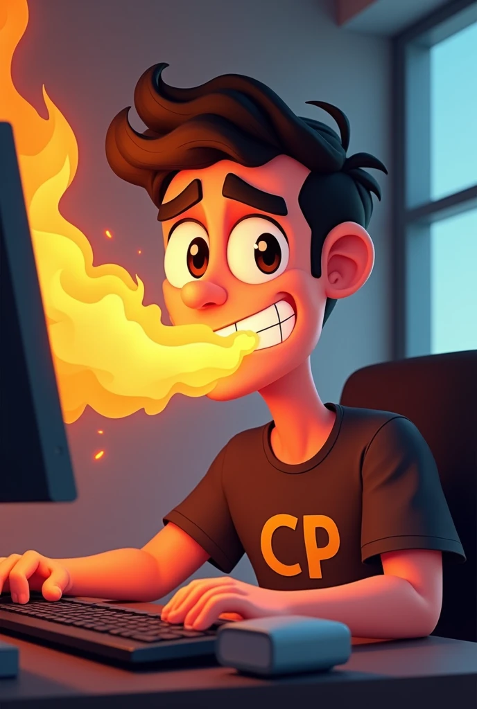 Spicy programmer in a cartoon where the programmer has fire coming out of his mouth or from the impression that he ate something spicy. The programmer has a shirt with the initials CP.
