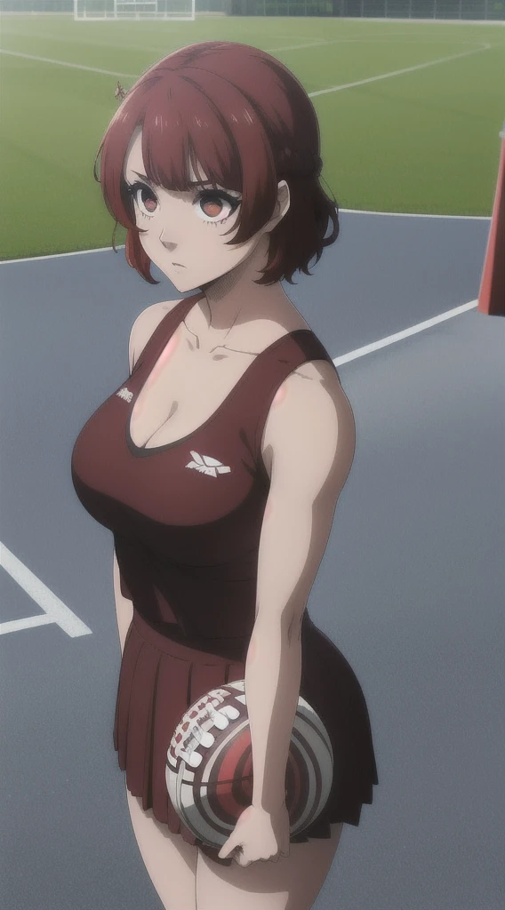 ((masterpiece)), ((best quality)), anriteieri, 1girl, breasts, short_hair, red_hair, red_eyes, solo_focus, outdoors, medium_breasts, cheerleader outfit, football court, cleavage