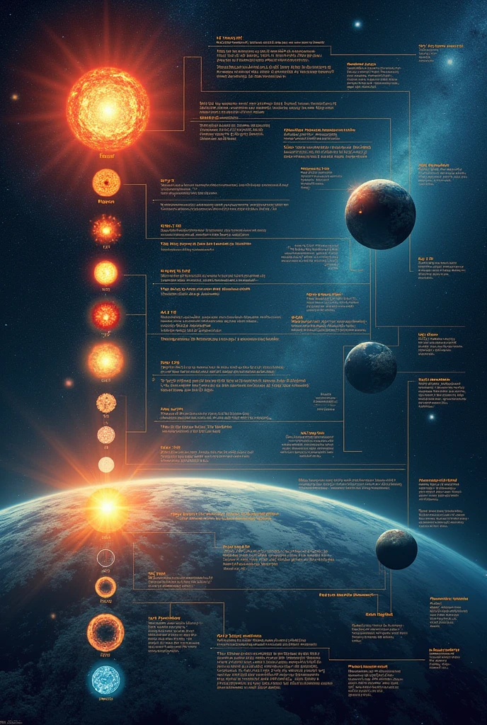 Make an illustration for this:
Here's a timeline showing how elements form, with a focus on their atomic numbers:
---
### **1. The Big Bang (13.8 Billion Years Ago)**
- **Atomic Numbers:** 1 (Hydrogen), 2 (Helium)
- **Description:** Right after the Big Bang, the universe cooled down, leading to the formation of the simplest elements: hydrogen (Atomic Number 1) and helium (Atomic Number 2).
### **2. Stellar Nucleosynthesis Begins (13.5 Billion Years Ago)**
- **Atomic Numbers:** 1 to 2 (Hydrogen to Helium)
- **Description:** In the cores of the first stars, nuclear fusion starts converting hydrogen into helium, producing energy and beginning the process of stellar nucleosynthesis.
### **3. Heavier Elements Form in Stars (13.5 Billion Years Ago - Present)**
- **Atomic Numbers:** 3 to 26 (Lithium to Iron)
- **Description:** Over time, stars fuse helium and other light elements to create heavier elements like carbon (Atomic Number 6), oxygen (Atomic Number 8), and up to iron (Atomic Number 26).
### **4. Supernova Explosions (13.4 Billion Years Ago - Present)**
- **Atomic Numbers:** Greater than 26 (Iron)
- **Description:** When massive stars explode in supernovae, the intense energy allows for the formation of elements heavier than iron, such as gold (Atomic Number 79) and uranium (Atomic Number 92).
### **5. Formation of the Solar System (4.6 Billion Years Ago)**
- **Atomic Numbers:** Various (Including 6, 8, 14, 26)
- **Description:** The remnants of earlier stars come together to form the Sun and planets. Elements like carbon, oxygen, silicon (Atomic Number 14), and iron become key building blocks of the planets, including Earth.
### **6. Earth's Crust Forms (4.5 Billion Years Ago)**
- **Atomic Numbers:** 8, 14, 26 (Oxygen, Silicon, Iron)
- **Description:** As Earth cools, its crust forms, rich in elements like oxygen, silicon, and iron, which are crucial for its structure.
### **7. Life Begins on Earth (4 Billion Years Ag