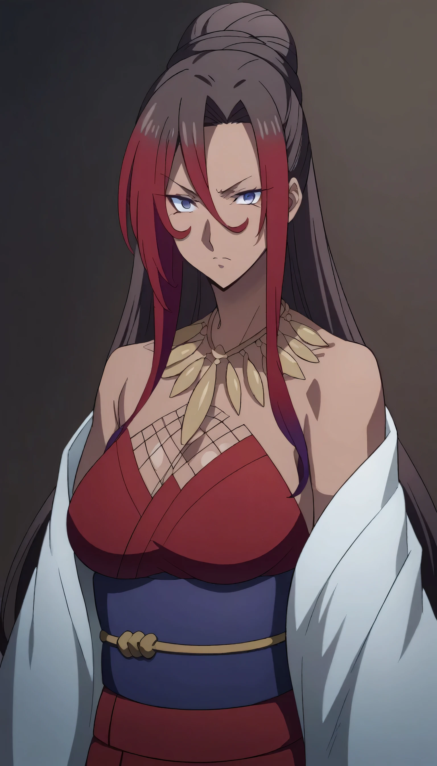 1girl, solo, japanese clothes, sash, kimono, bangs, looking at viewer, obi, gradient,SYLVIA, LONG HAIR, BROWN HAIR, HAIR BETWEEN EYES, PONYTAIL, RED HAIR, MULTICOLORED HAIR, DARK SKIN, DARK-SKINNED FEMALE, PURPLE EYES,