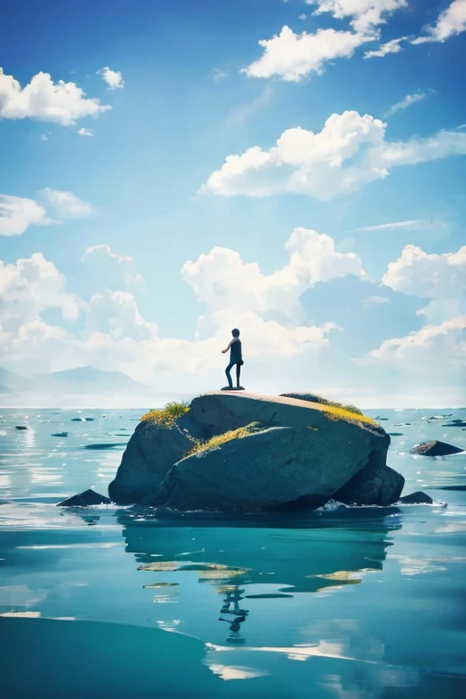 1 Man floating on the water,minimalist,animation art style