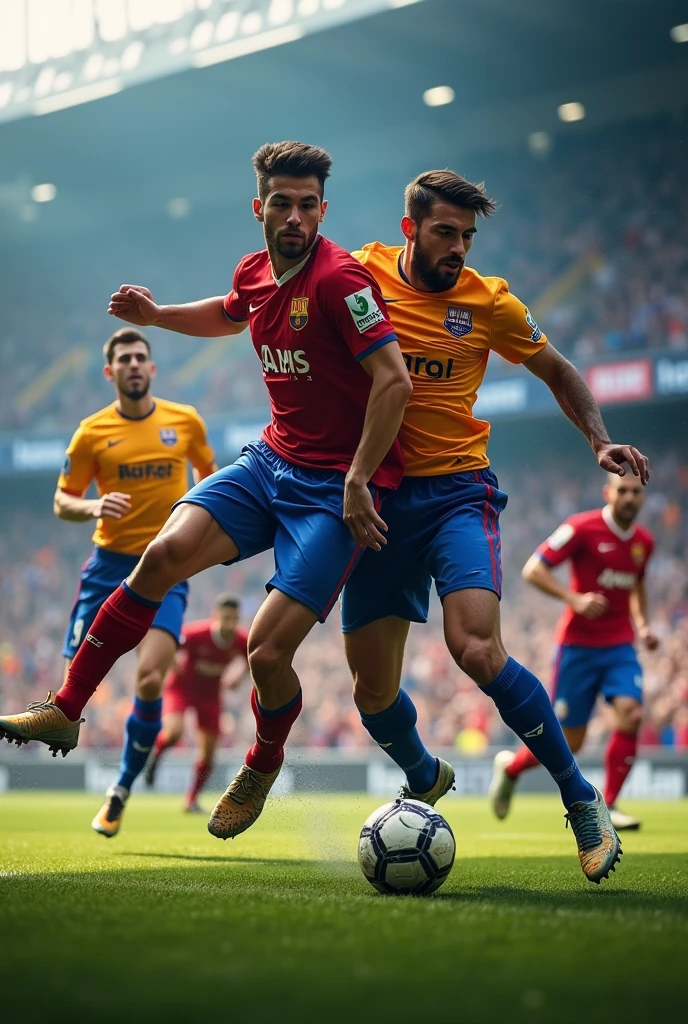 "A dynamic soccer scene with intense action shots of players making spectacular catches, tackles, and touchdown celebrations. The background features a blurred stadium with cheering fans. Overlay the text 'Ultimate Football Highlights Hub' in bold, modern typography at the top or bottom of the image