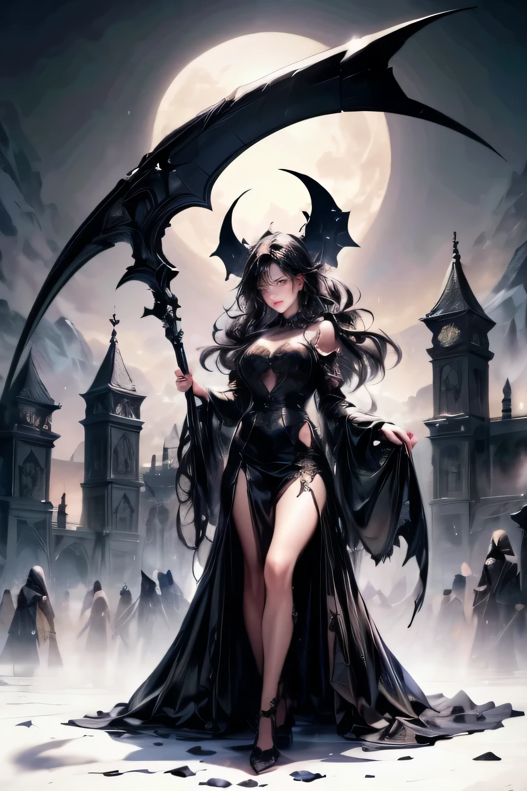 Gothic horror woman, highly detailed face and body, beautiful haunting eyes, detailed lips and eyelashes, long black hair, bewitching expression, grim reaper, huge sharp scythe, dark ominous atmosphere, moody lighting, dramatic composition, cinematic, dark fantasy, dramatic shadows, muted color palette, chiaroscuro
