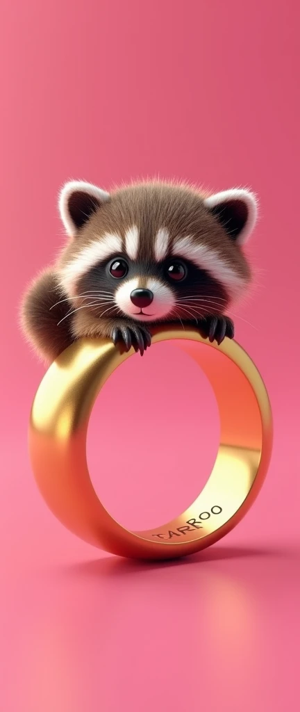 A stunning 3D rendering of a modern gold-tone ring that captures the essence of elegance and sophistication. The ring is set against a bold pink adorn At the center of the ring, cute extra fluffy baby realistic raccoon is showcased, sporting signature FUR TAIL. The smooth, shiny band adds a touch of refinement, making it a versatile accessory suitable for any outfit. The engraving on the inside of the ring, "CAROO," adds a personalized and meaningful touch to the design. The overall composition is a masterful blend of painting, 3D render, illustration, poster, photo, typography, fashion, elements that create a mesmerizing visual experience., photo, 3d render, conceptual art, product