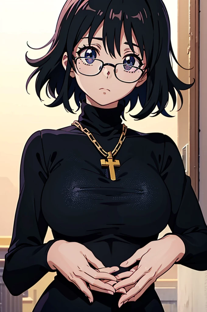 Shizuku Murasaki, 1girl, cute, black hair, short hair, glasses, expressionless, huge breast, ((tight black long sleeve turtleneck:1.5)), (upper body, looking at view, down hands), (masterpiece, high resolution, best quality, anime colored, anime screencap, 8k, photorealistic), denim, inverted cross chain necklace, (perfect detailed anatomy, beautiful detailed eyes&hair, beautiful face&skin, beautiful detailed body&clothes), sunshine outdoors, sleeveless, armpits