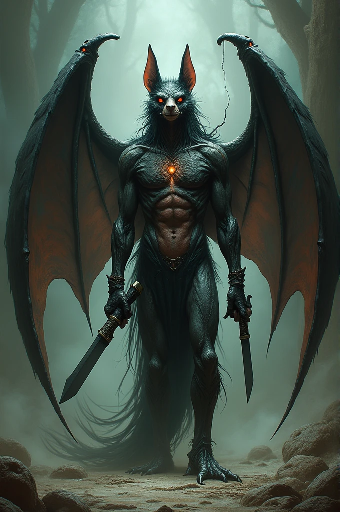 My god has bat wings, fish feet, a bird's tail, a knife in hand, and cannons for breasts.