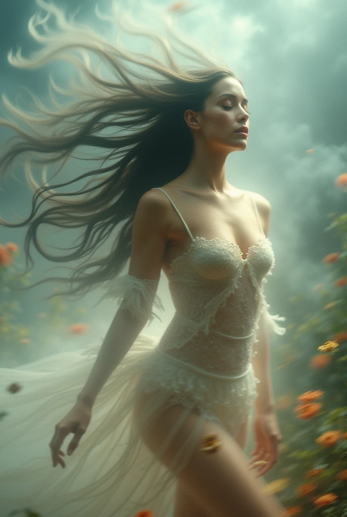 I am the body in long exposures of photography in motion blur of her, my delicate and beautiful parts are very focused, but my spectacular body, although blurry, attracts gazes. It's three shots in one. , The message I want to convey is that dreams exist , The ewstrilo is very real , 48k cinematic photographic composition finished in Photoshop