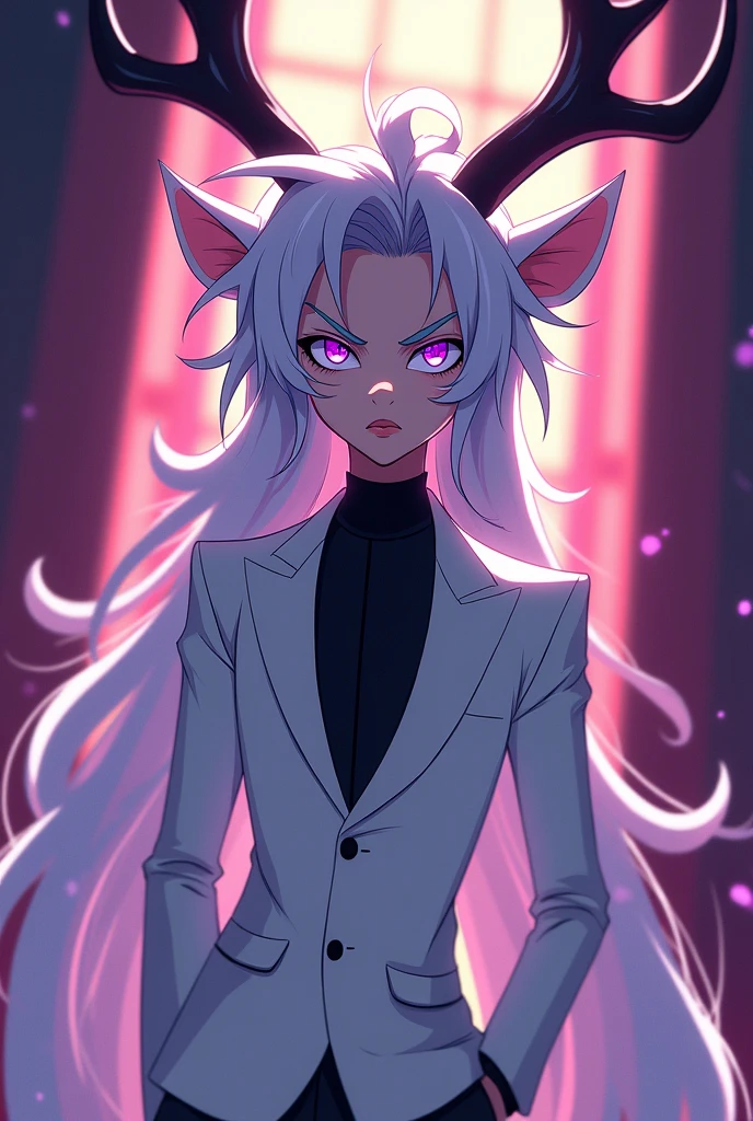 ((HAZBIN HOTEL STYLE)) In Hazbin Hotel, Xavier sports a sleek white suit. His eyes are a striking shade of violet, and he has deer-like antlers, reflecting his favorite animal. His hair is a long tousled silver, giving him an ethereal look, in Hazbin Hotel toon style.
