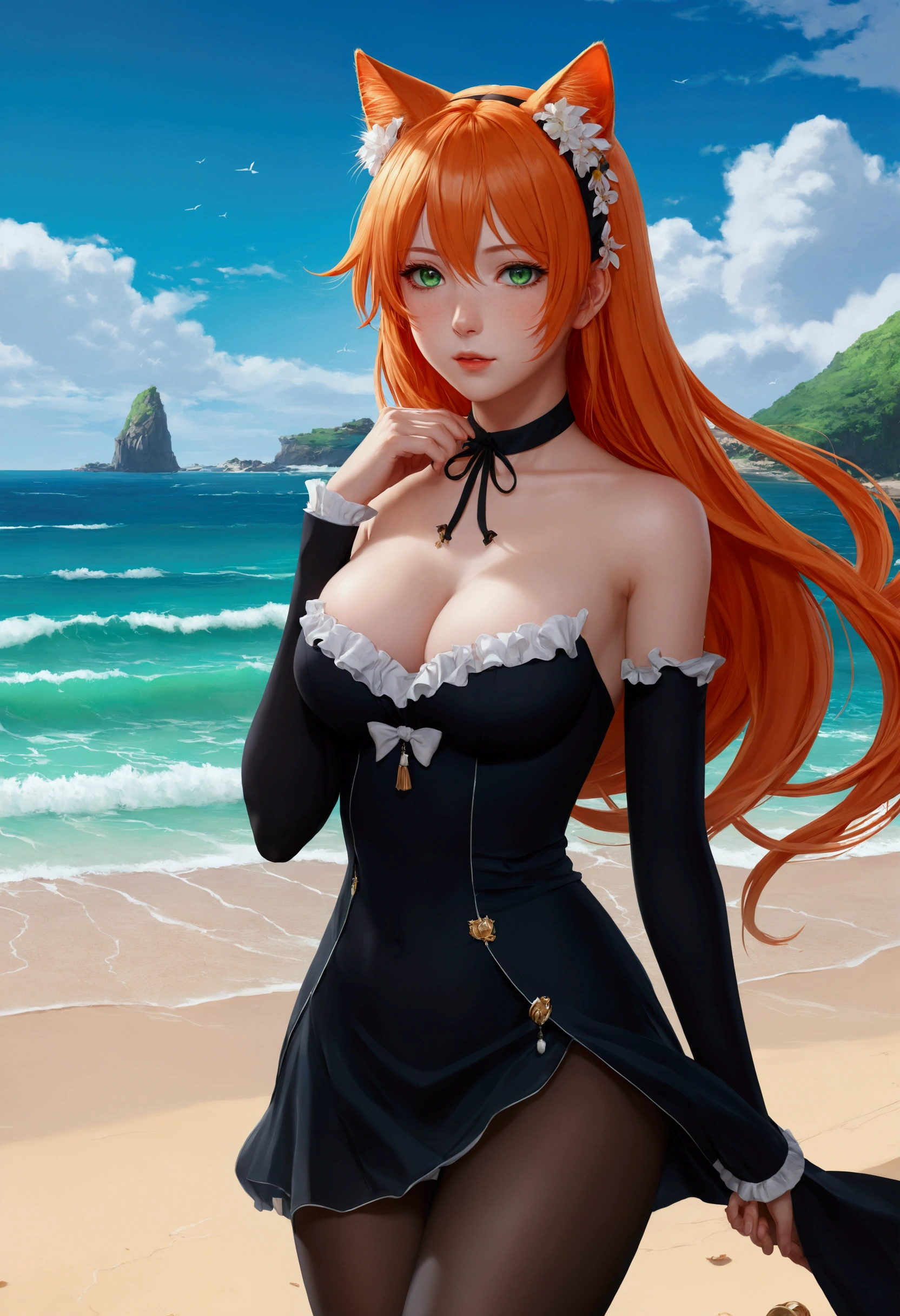 anime girl with long orange hair standing on beach near ocean, green eyes detailed digital anime art, cat ears, , anime girl with long hair, smooth anime cg art, anime girl with long hair, average breast size, digital anime art, artwork in the style of guweiz, beautiful anime portrait, photorealistic anime girl render, beautiful anime girl, advanced digital anime art, pantyhose, guweiz on artstation pixiv upscale HD UHD HQ
