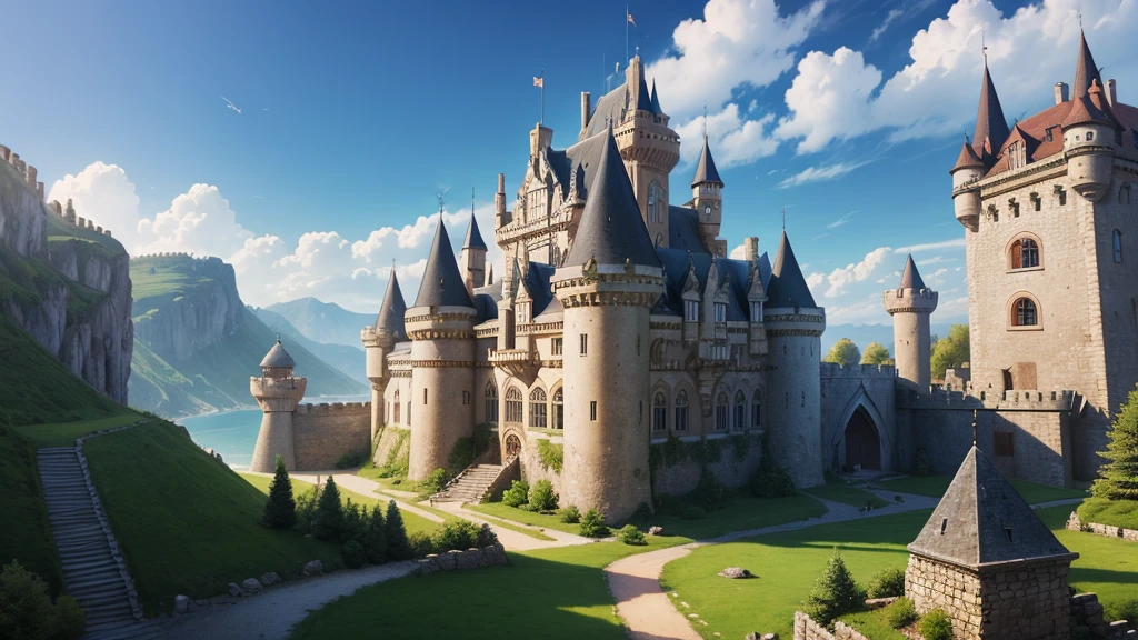 create for me the front of a medieval castle, a castle for the game, aknoid style, another very large castle