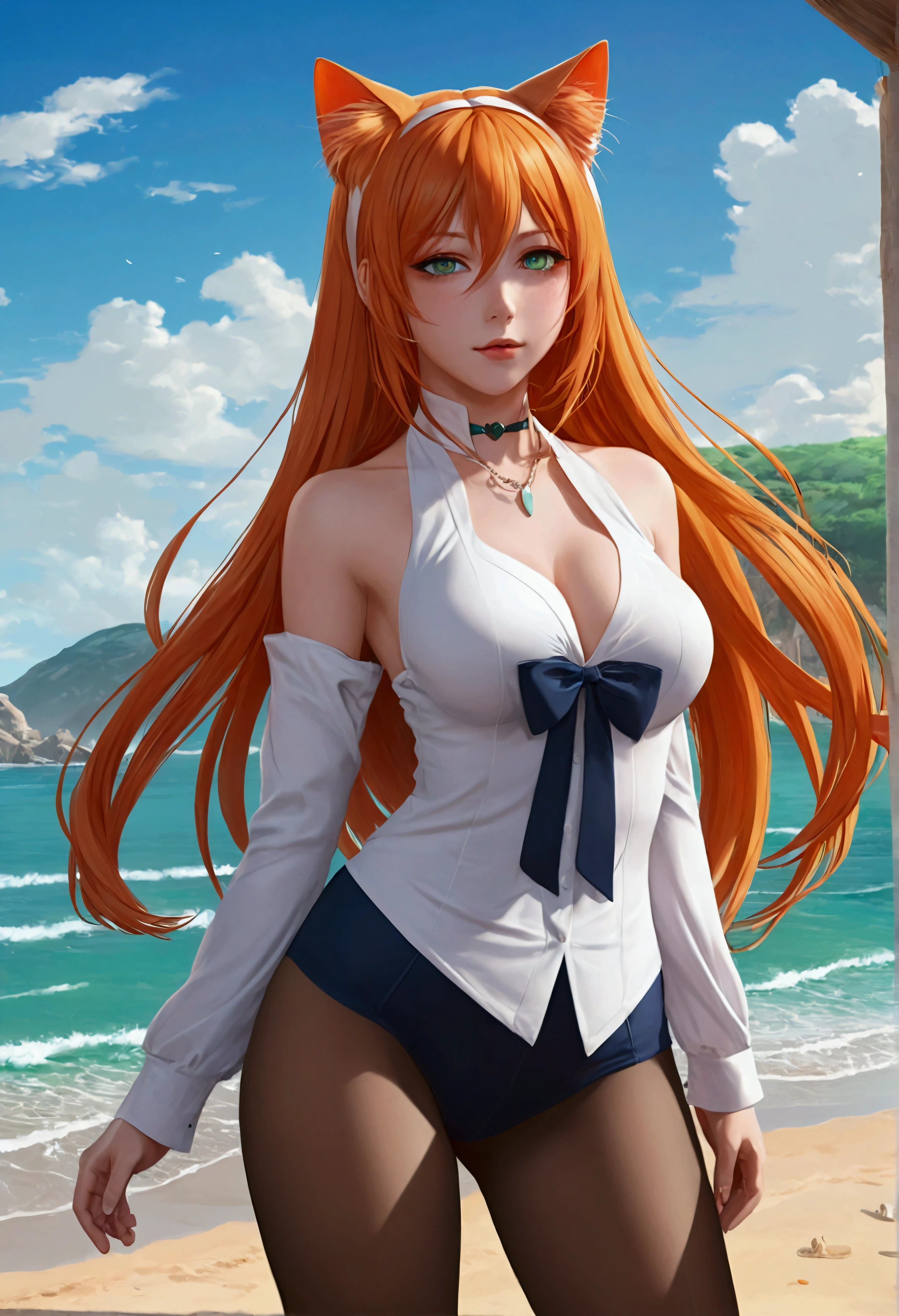 anime girl with long orange hair standing on beach near ocean, green eyes detailed digital anime art, cat ears, , anime girl with long hair, smooth anime cg art, anime girl with long hair, average breast size, digital anime art, artwork in the style of guweiz, beautiful anime portrait, photorealistic anime girl render, beautiful anime girl, advanced digital anime art, pantyhose, guweiz on artstation pixiv upscale HD UHD HQ