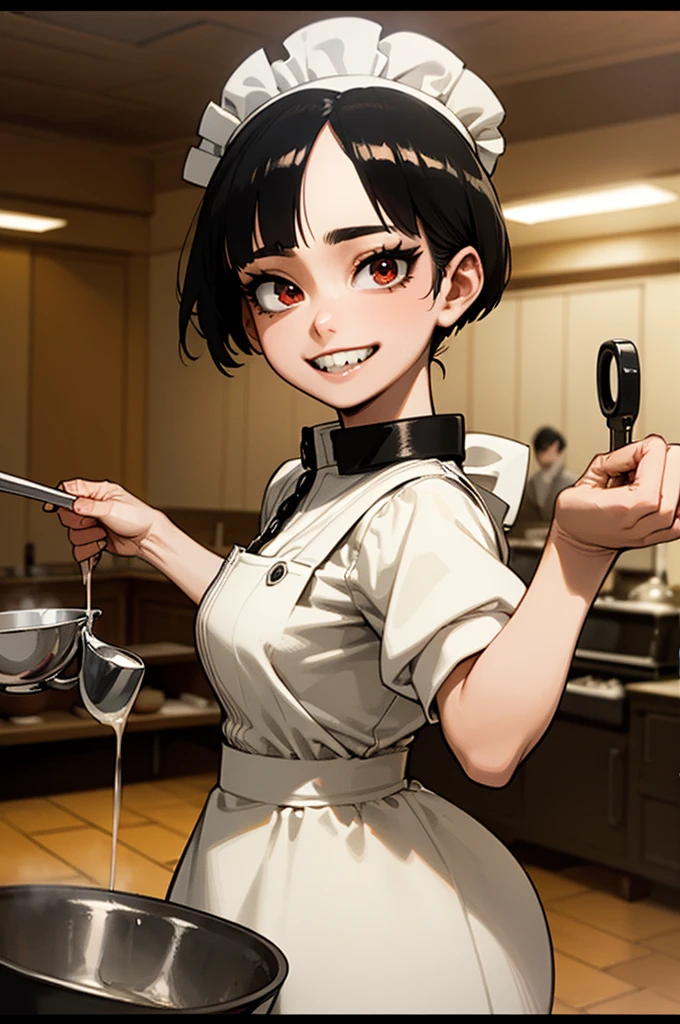 (Realistic)、(Highest quality、masterpiece、Highest quality、High resolution)、One Woman、Huge breasts、Narrow waist、Wide Hips、Thick thighs、smile、(leader:1.3),(leader's hat:1.1),apron,( roll up own sleeves:1.2),(forehead:1.2)、Cowboy Shot、(Very short hair、Bowl Cut Hair、Hime cut hair、Blunt bangs、Black Hair)、View your audience、Pure white skin、Pure Black Eyeshadow、Lots of eyeshadow、Black eyeliner、Long eyeliner、Long eyelashes、Bright red eyes、Bright red lipstick、thick, Heavy chain collar、Open your mouth、Highly detailed teeth、Accurate teeth、Beautiful teeth alignment、Very sharp, Sharp teeth、(restaurant kitchen、large cooking area、Gas stove、Frying pan、Kitchen sink、Used dirty dishes、Beautifully presented dishes、Waiter、Lots of ingredients)、(Dynamic pose)
