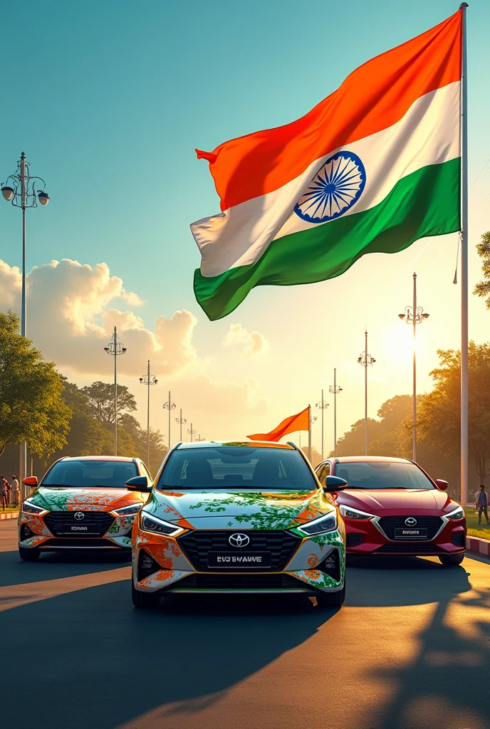 Create an indian independence day wish card using Toyota and nissan and Hyundai car